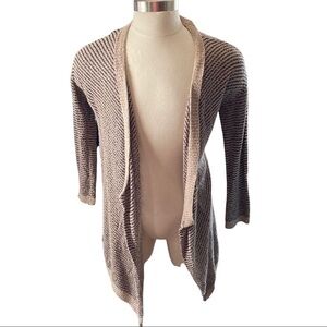 Eileen Fisher Women Beige Black Striped Open Front Cocoon Cardigan Sweater Sz Sm